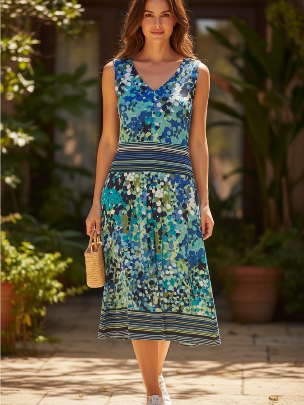 dressbarn Size 16 Blue and Teal Printed Sleeveless V-Neck Midi Dress